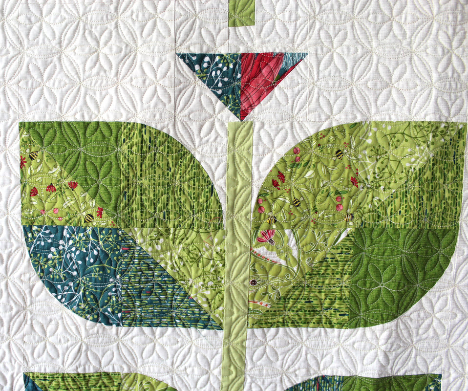 Beanstalk quilt close up of leaves, by Robin Pickens in Painted Meadow fabric from Moda Fabrics