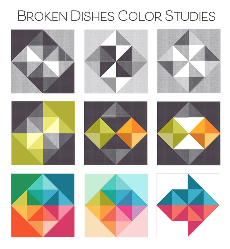 Broken Dishes block color studies from Robin Pickens