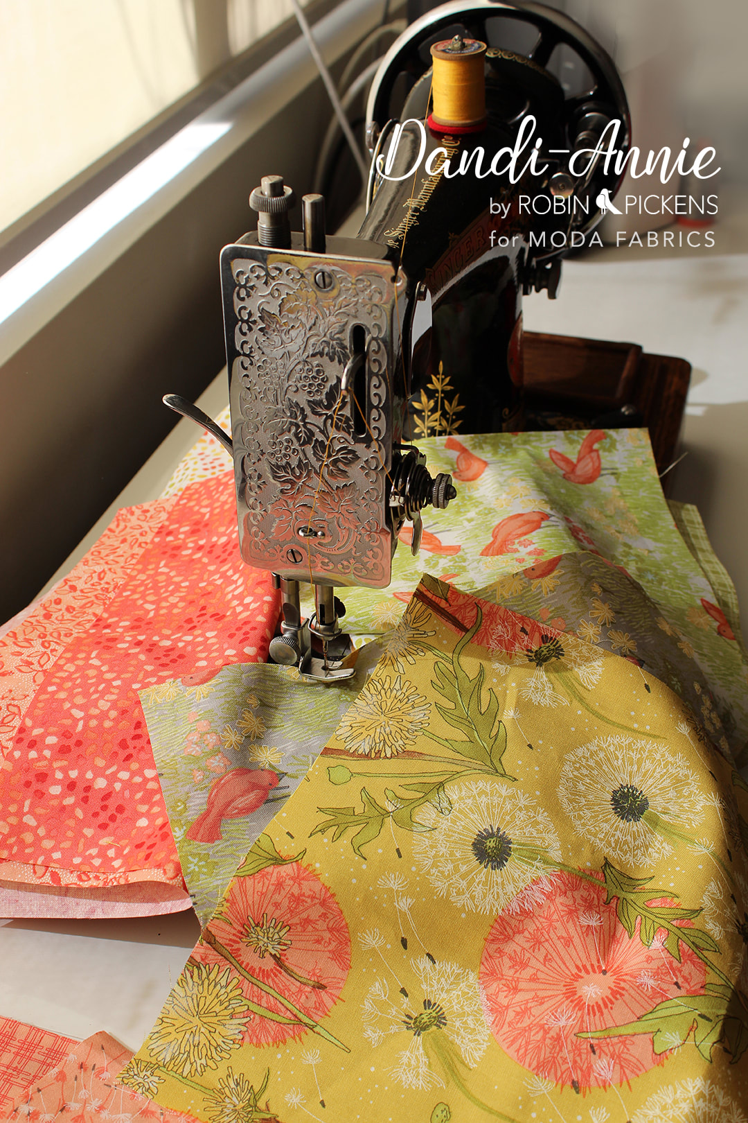 Dandi Annie fabric for Moda by Robin Pickens with dandelion and birds with vintage singer sewing machine.