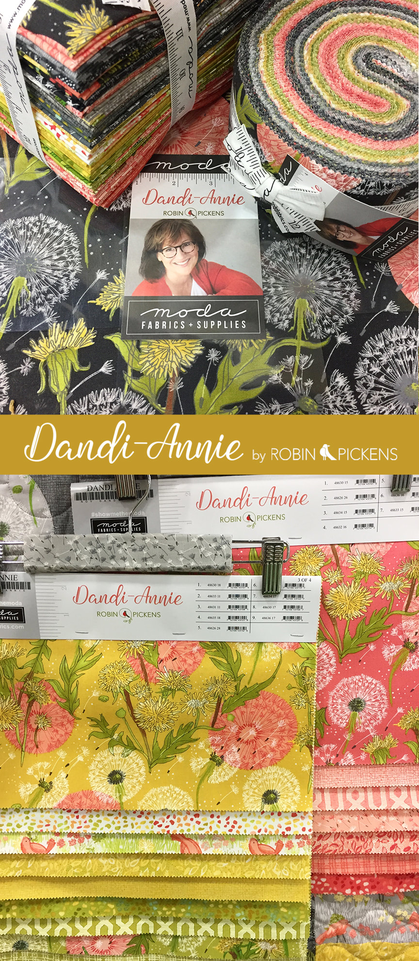 Dandi Annie fabric collection by Robin Pickens for Moda and quilting. Dandelions and birds have fun in the warm gold, green, gray and peach colors.