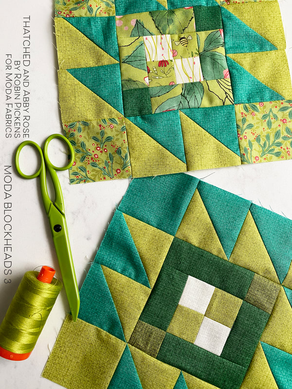 Moda Blockheads3  Taos block with green Thatched and Abby Rose Duo
