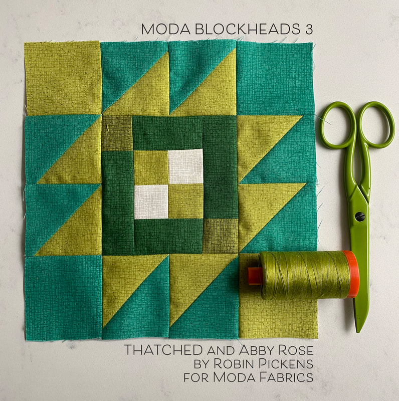 Moda Blockheads3  Taos block with green Thatched fabric