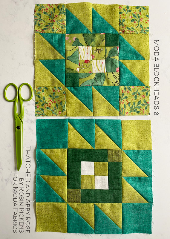 Moda Blockheads3  Taos block with green Thatched and Abby Rose