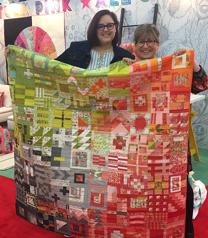 Tula Pink and Robin Pickens with City Sampler quilt using 100 Modern Blocks book