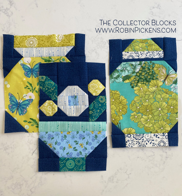 Quilt blocks from The Collector by Robin Pickens in Cottage Bleu ginger jar and flower bowl vase