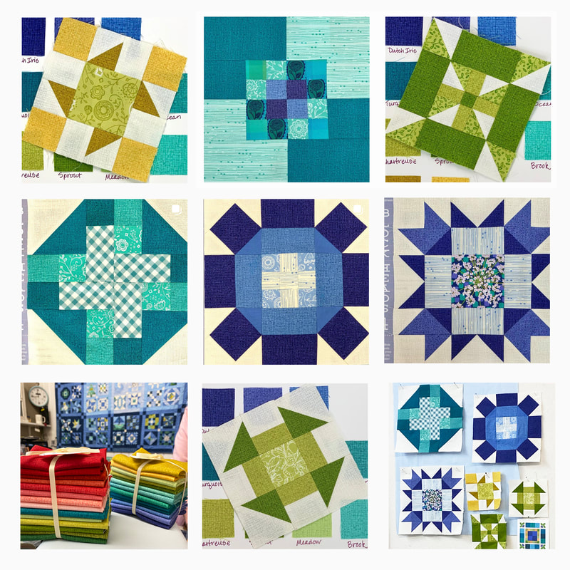 Quilt Emporium Thatched scrappy blocks for Moda Blockheads in blue/green Thatched fabric