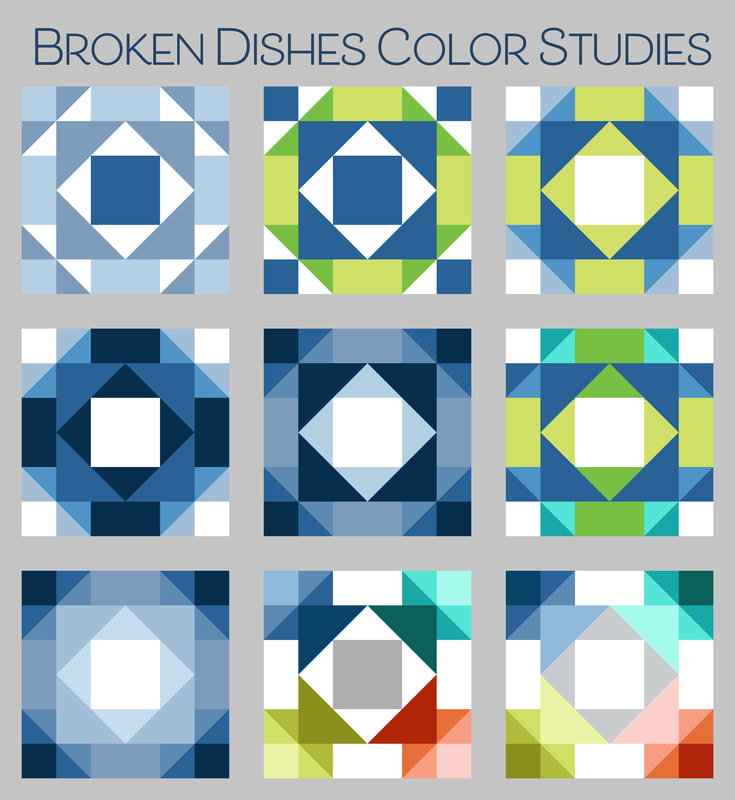Broken Dishes quilt block color studies from Robin