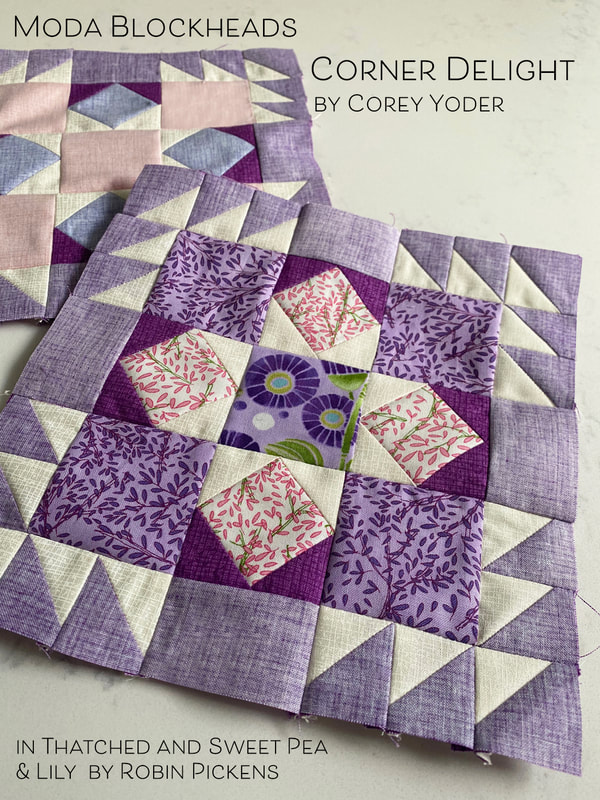 Corner Delight quilt block in thatched and Sweet Pea & Lily