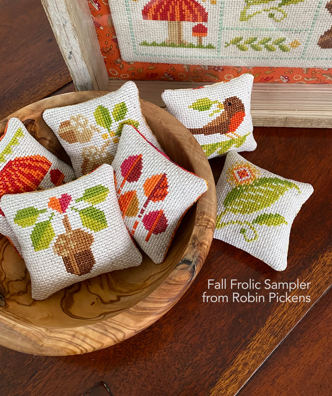 Fall Frolic Sampler and mini pillows cross stitch from Robin Pickens