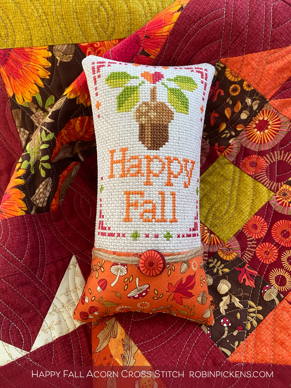 Happy Fall Acorn cross stitch from Robin Pickens in little pillow