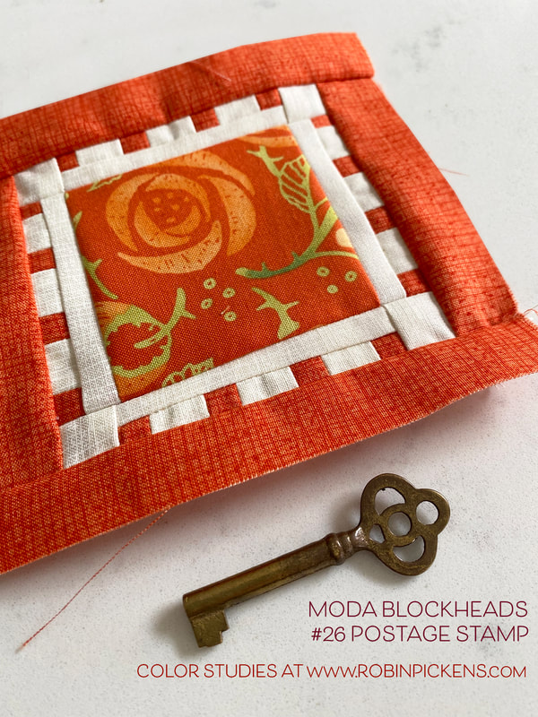 Moda Blockheads orange Postage Stamp in Robin Pickens fabric
