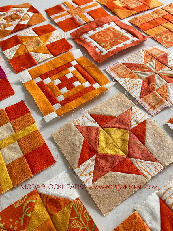 Moda Blockheads orange blocks in Robin Pickens fabric