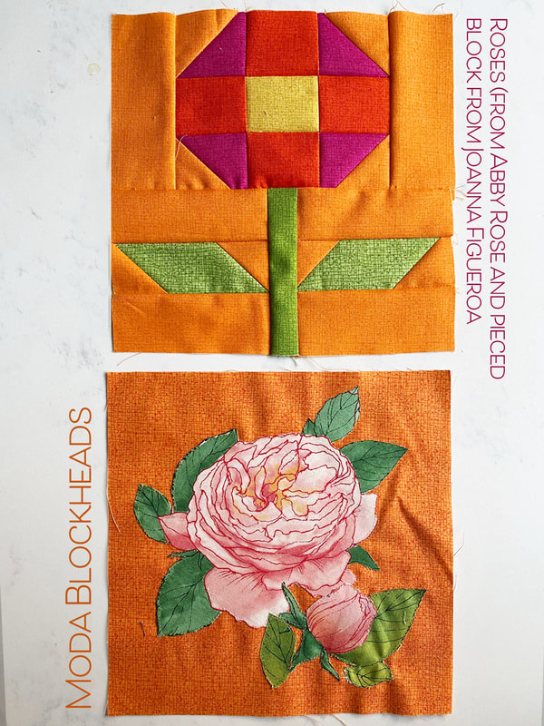 Roses quilt blocks in applique and pieced from Joanna Figueroa's Posie Bloom in Robin Pickens fabrics