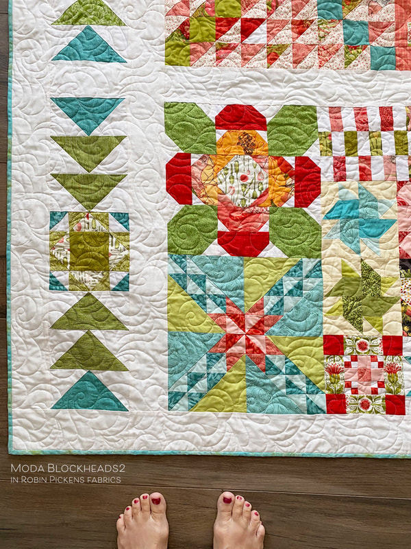 Moda Blockheads2 quilt sampler lower left in Robin Pickens fabrics