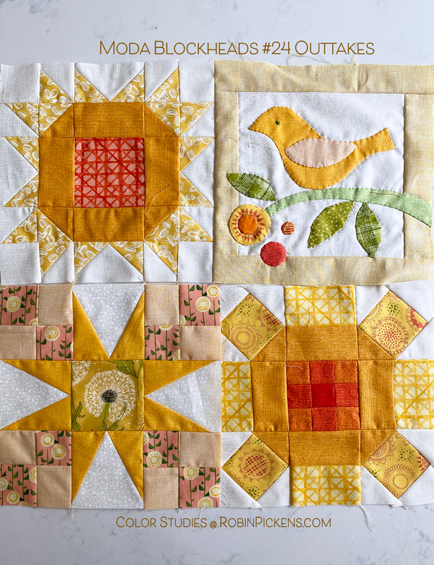Moda Blockheads #24 Outtakes in Robin Pickens fabrics and other 3 yellow blocks