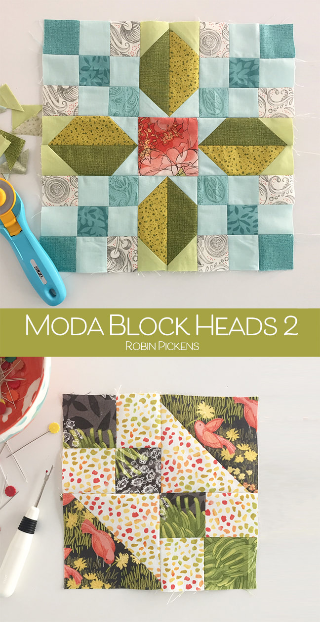 Moda Block Heads sew along block 1 block 2 with Robin Pickens fabric of Dandi Annie and Dear Mum and Blushing Peonies