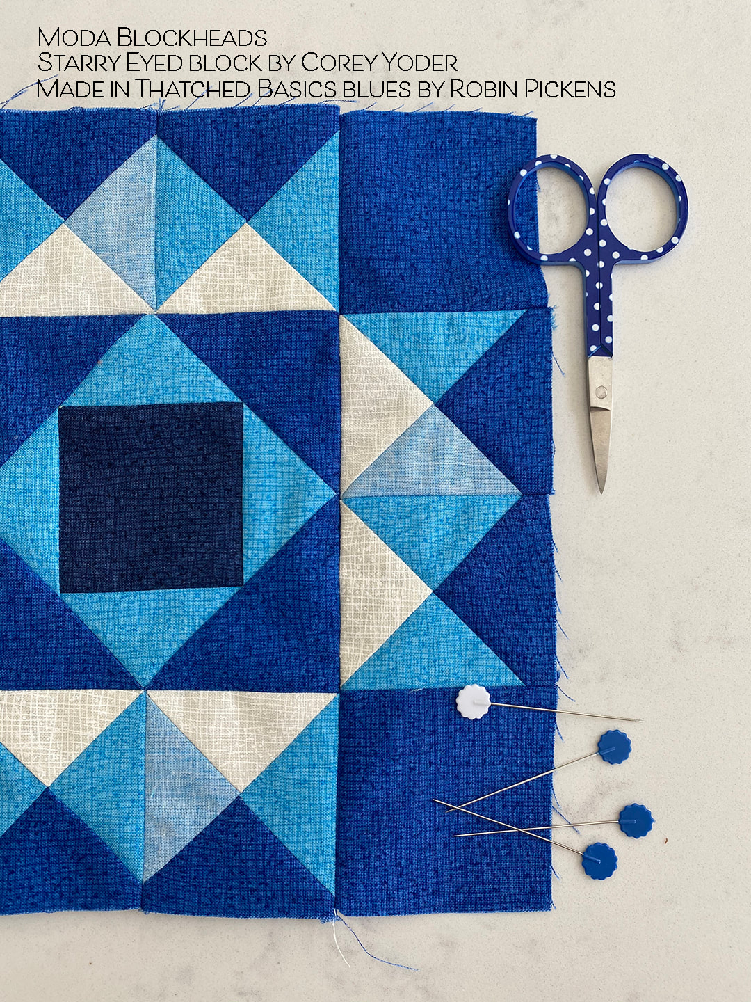 Moda Blockheads Starry Eyed block in Thatched blues