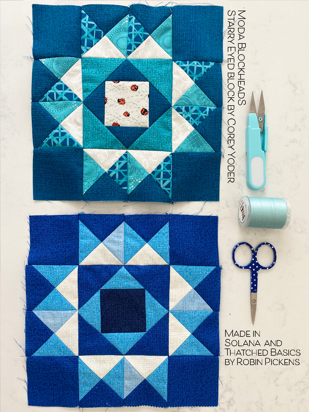Moda Blockheads Starry Eyed block in Solana and Thatched blue   s