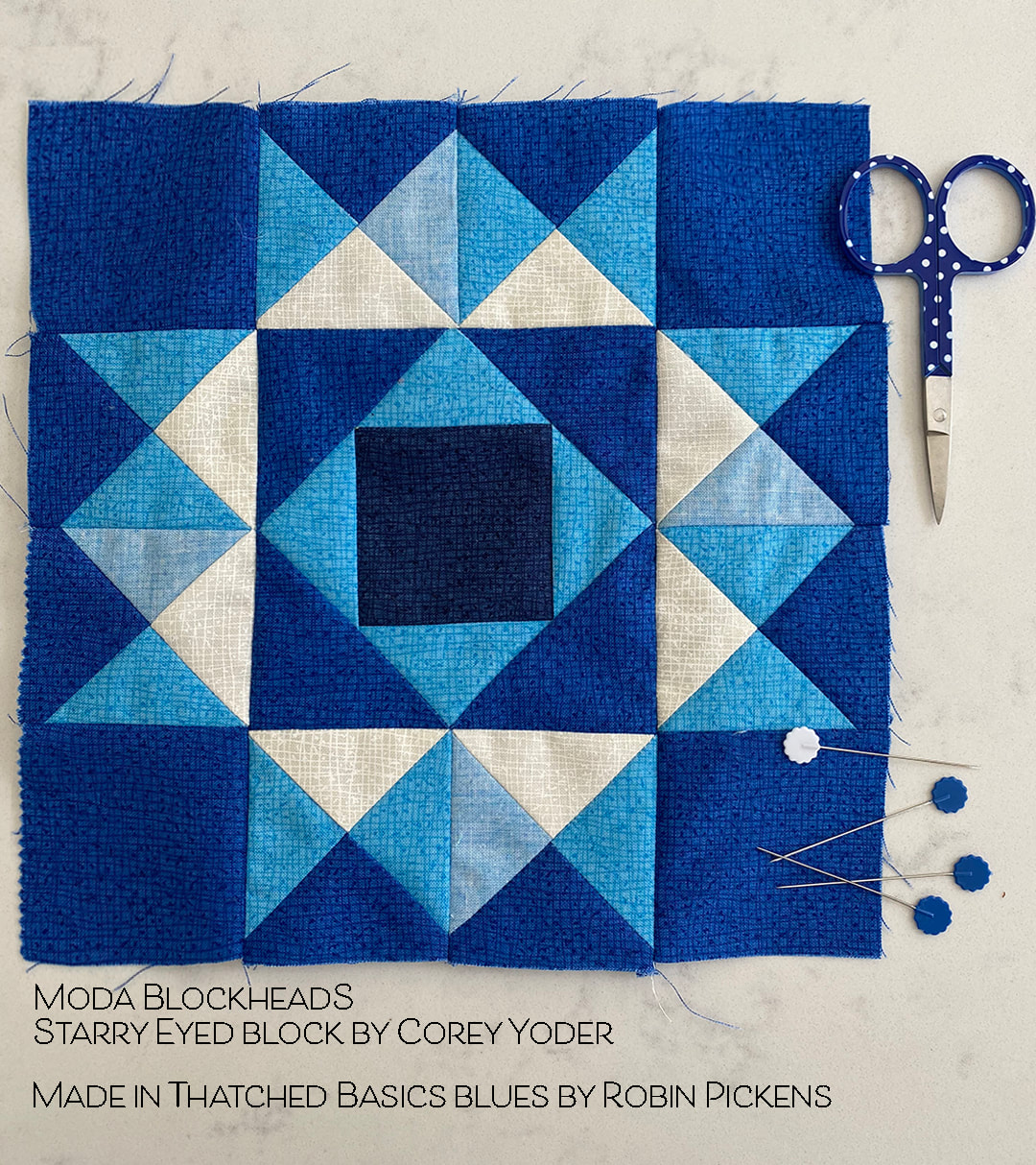 Moda Blockheads Starry Eyed block in Thatched blues Royal and Sky
