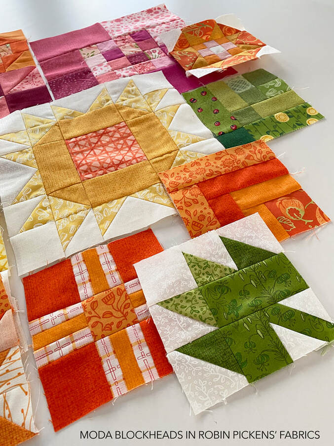 Free Quilt Block Patterns in Robin Pickens' fabrics Moda Blockheads
