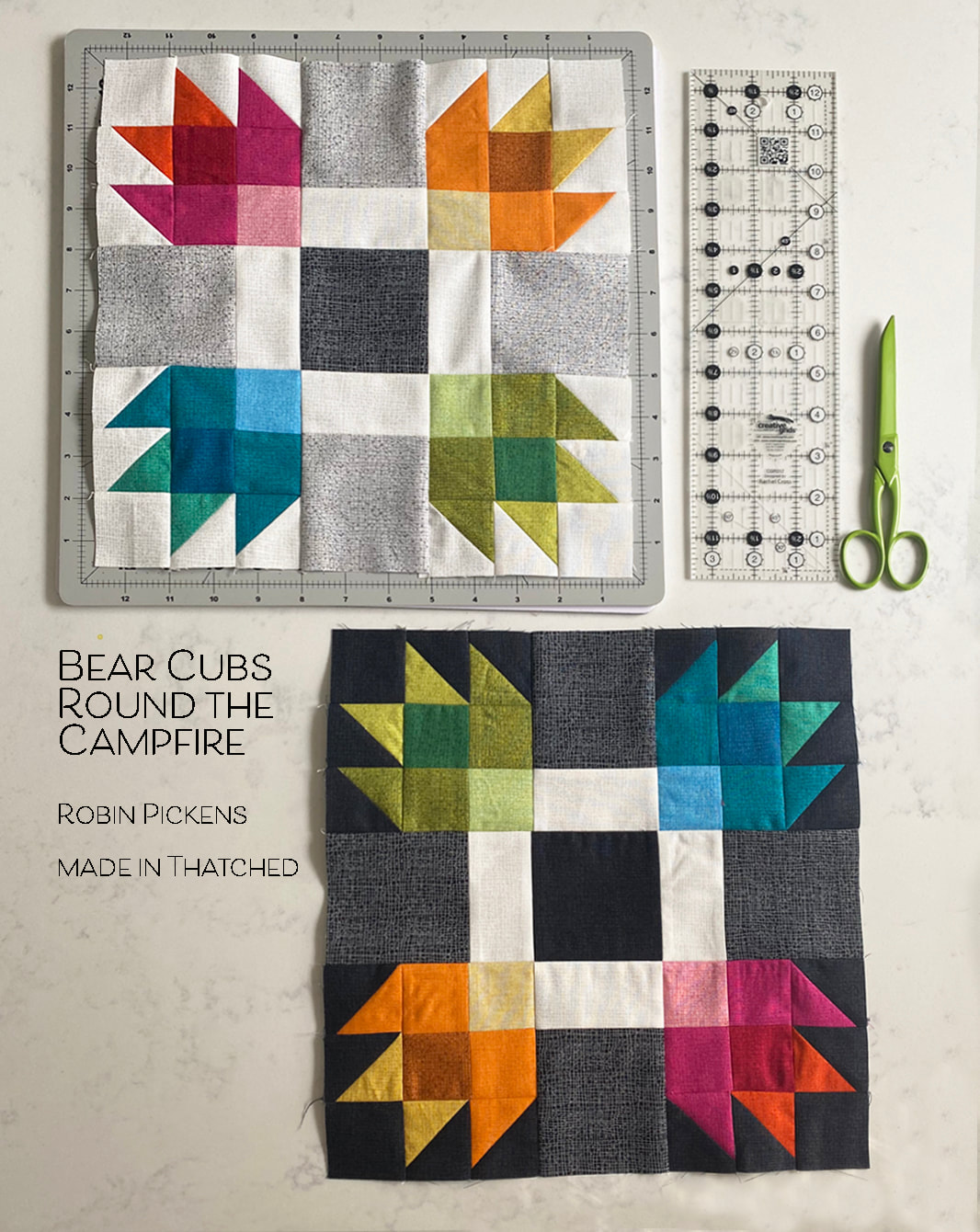 Bear Cubs Quilt Blocks in rainbow colors and Thatched fabrics