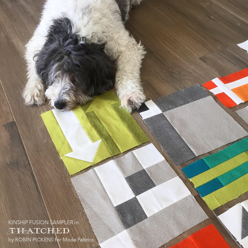 Thatched fabrics by Robin Pickens in Kinship Fusion Sampler with Labradoodle helper