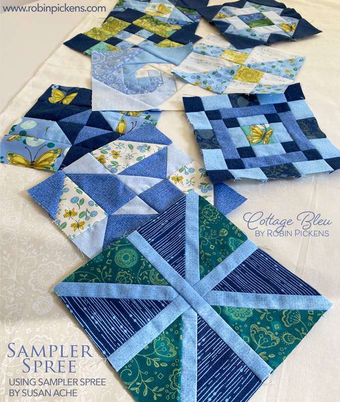 Sampler Spree in Cottage Bleu from Robin Pickens quilt blocks thin sashing