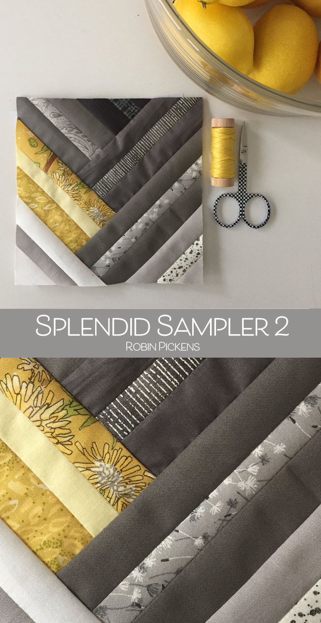 The Splendid Sampler 2 sew along with gray fabric and Robin Pickens Dandi Annie fabric for Moda