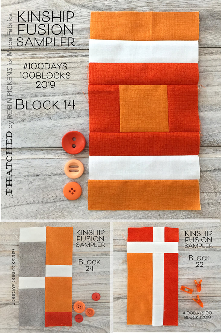 Thatched oranges by Robin Pickens in Kinship Fusion Sampler blocks 