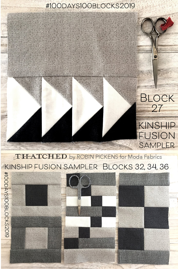 Thatched fabrics by Robin Pickens in Kinship Fusion Sampler blocks 27 32 34 36