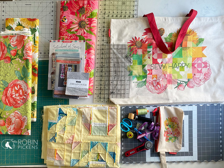 Sew Happy project bag from Robin Pickens and Moda Fabrics fits all this!